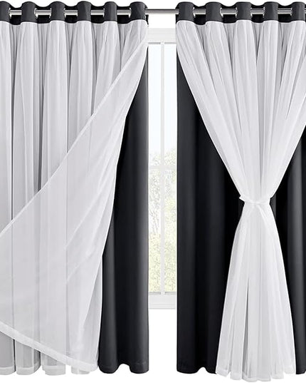 Hiasan Extra Wide Blackout Curtains with Sheer Overlay Thermal Insulated Double Layer Indoor Curtains 63 inches Long,2 Panels with Tiebacks, Black, 70W X 63L