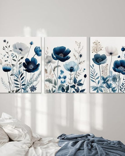 DUWQU 3 Pcs Blue Floral Canvas Wall Art, Elegant Navy Blue Wildflower Lily Daisy Art Wall Decor, Watercolor Botanical Flower Home Poster Art Prints for Living Room Bedroom Bathroom 16×24 Inches
