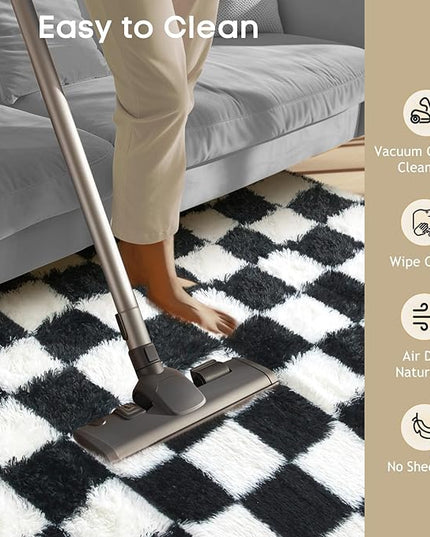 Ophanie Checkered Black & White Rug for Living Room Bedroom, Fluffy Soft Cute Fuzzy Area Rugs, Shag Plush Shaggy Bedside Floor 8x10 Furry Carpet for Kids Baby Teen Dorm Nursery Home Decor Aesthetic