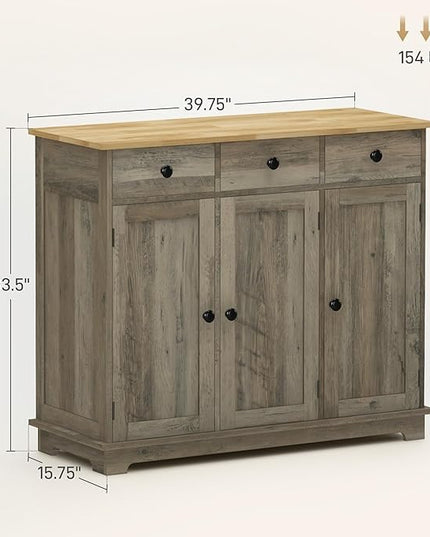 HOMCOM Sideboard with Solid Wood Countertop, Modern Kitchen Storage Cabinet, Coffee Bar Cabinet with 3 Drawers, Doors and Adjustable Shelf, Distressed Gray