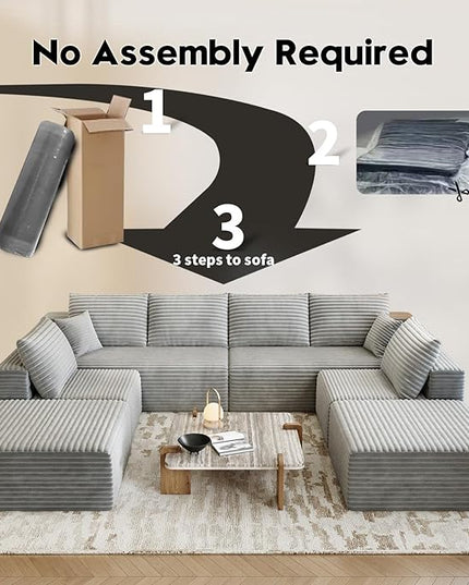 139.4" Modular Sectional Sofa Couch, Oversized U-Shaped Minimalist Couches with 2 Ottomans Chaise and 2 Middle Seats, Modern Deep Seat Cloud Plush Corduroy Sofas Set for Living Room, 8 Seater, Grey