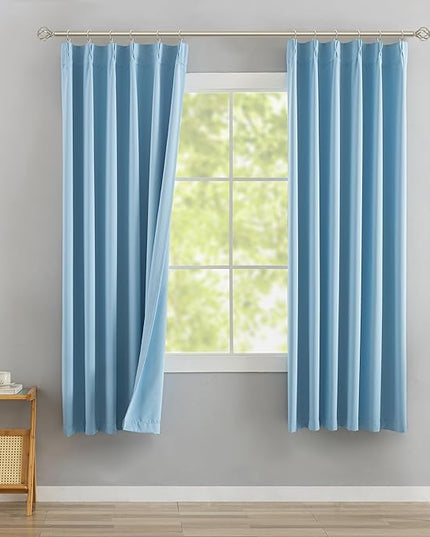 DONREN Light Blue Pinch Pleated Blackout Curtains with Hooks - 63 inch Length Room Darkening Thermal Insulated Short Window Curtain Panels for Bathroom Kids Room 2 Panel 40" Wx63 L