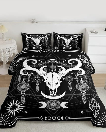 Manfei Bull Cow Skull Kids Comforter Set Twin Size,Sun Moon Starry Sky Galaxy Trippy Bedding Set,Boys Girls Adults Room Decor,Dreamcatcher Bohemia Down Comforter,Black White Duvet Insert,1 Pillowcase