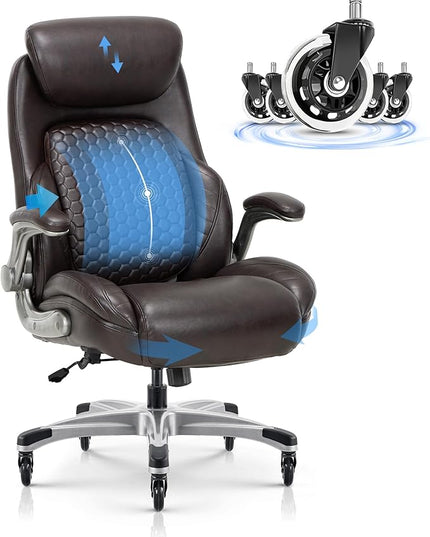 COLAMY Office Ergonomic Desk High Back Executive Chair with Pop-Out Lumbar Support, Upgraded Casters, Adjustable Headrest, Flip-Up Arms, Leather Home with Thick Cushion for Comfort - Brown