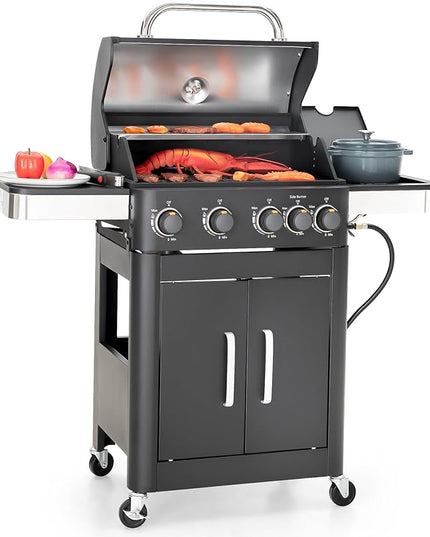 Captiva Designs 4-Burner Propane Gas BBQ Grill with Side Burner & Porcelain-Enameled Cast Iron Grates, 46,700 BTU Output for Outdoor Cooking Kitchen and Patio Backyard Barbecue, Black