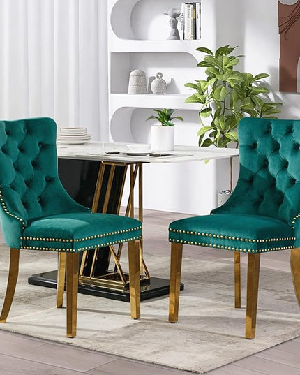 SoarFlash Velvet Dining Chair Set of 2, Upholstered Tufted Dining Room Chair with Nailhead Trim and Solid Gold Plated Leg for Kitchen (Green)