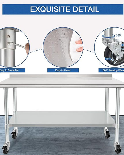 HARDURA Stainless Steel Table 24 x 60 Inches with Wheels Casters NSF Heavy Duty Commercial Prep Table with 2” Backsplash and Adjustable Undershelf for Restaurant Kitchen Home and Hotel