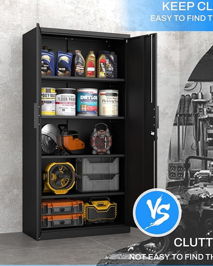 Metal Garage Storage Cabinet with Lock, 72" Tall Steel Storage Locker with 4 Adjustable Shelves, Heavy Duty Metal Cabinet for Garage, Office, Home, Black