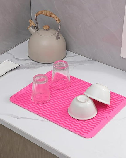 Silicone Dish Drying Mat for Multiple Usage,Easy clean,Eco-friendly,Heat-resistant Silicone Mat for Kitchen Counter or Sink,Refrigerator or drawer liner Rose L 16 inches x 12 inches