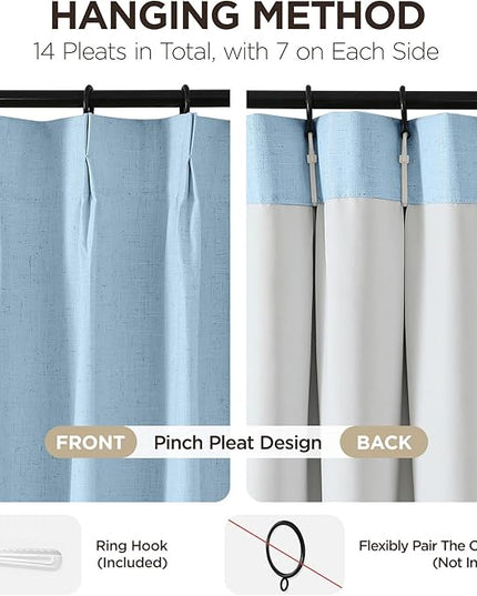 Joydeco Pinch Pleated Linen Curtains Darkening Drapes for Bedroom, 100% Blackout Drapes 96 inches Long 2 Panels Heat Blocking Curtains(Chambray Blue,40'' Wx96'' L)