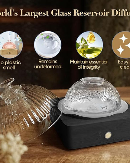 Glass Dome Essential Oil Diffuser with Glass Reservoir & Wood Base-Plastic Free, 200ml Ultrasonic Diffuser for Aromatherapy with Timer 7 Color Light Auto-Off for Home Office Yoga Dark Brown
