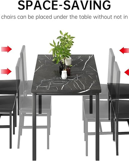 AWQM Dining Table Set for 4, Modern Marble Dining Table Set with 4 Upholstered PU Leather Chairs,Dining Room Table Set for Kitchen, Breakfast Nook, Dining Room, Black