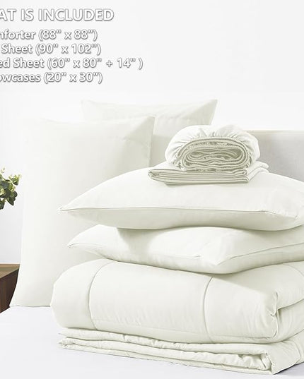 CozyLux Queen Size Comforter Set Ivory - 7 Pieces Bed in a Bag, Cream Off White Comforter Queen Size, Bedding Sets with All Season Quilted Comforter, Flat Sheet, Fitted Sheet, Pillowcases