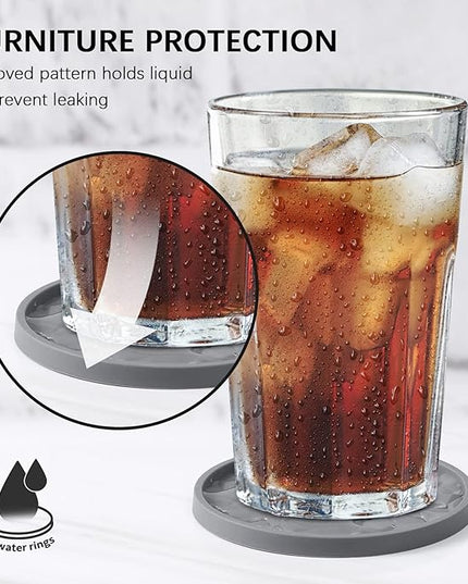 ME.FAN Silicone Coasters with Holder,[6 Pack] Drinking Coasters - Cup Mat for Hot or Cold Drinks, Thickened, Non-Slip, Non-stick,Deep Tray Ether
