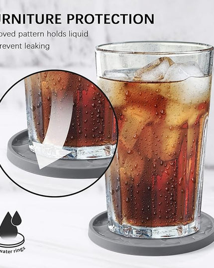 ME.FAN Silicone Coasters with Holder,[6 Pack] Drinking Coasters - Cup Mat for Hot or Cold Drinks, Thickened, Non-Slip, Non-stick,Deep Tray Dark Grey