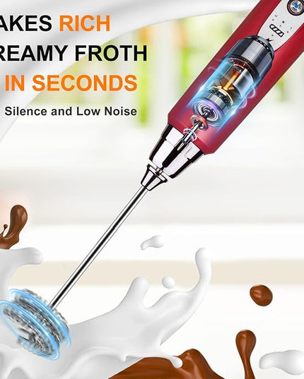 YUSWKO Red Rechargeable Milk Frother for Coffee with Stand, Handheld Drink Mixer with 3 Heads 3 Speeds Electric Stirrers for Latte, Cappuccino, Hot Chocolate, Egg