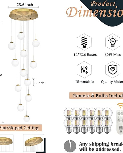 KoKo&Yukina 12-Light Gold Mid Century Modern Chandelier for Living Room Staircase Chandelier for Entryway Globe Milky White Glass Pendant Light High Ceiling Chandeliers Foyer (Bulb & Remote Incl.)