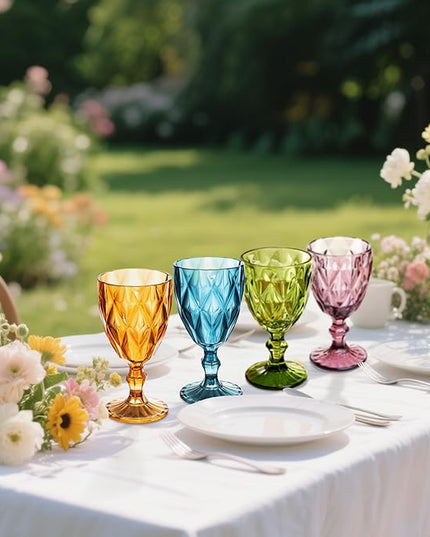 32 Pack Vintage Wine Glasses, Plastic Reusable 12 Ounce Colored Water Goblets, Unique Embossed Pattern Unbreakable Stemmed Wine Glasses, High Clear Wedding Party Bar Drinking Cups Multicolor