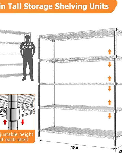 Storage Shelves Heavy Duty, 48" L x 20" W x 72" H Garage Wire Shelving Unit Loads 2000LBS, 5-Tier Adjustable Metal Industrial Utility Shelf Rack for Kitchen, Laundry Room, Pantry, Warehouse, Basement