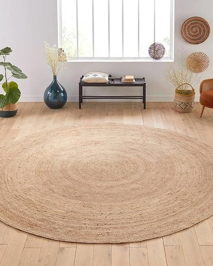 FRELISH DECOR Handwoven Jute Area Rug - 5 feet Round - Natural Yarn - Rustic Vintage Beige Braided Reversible Rug - Eco Friendly Rugs for Bedroom - Kitchen - Living Room - Farmhouse (5' Round)