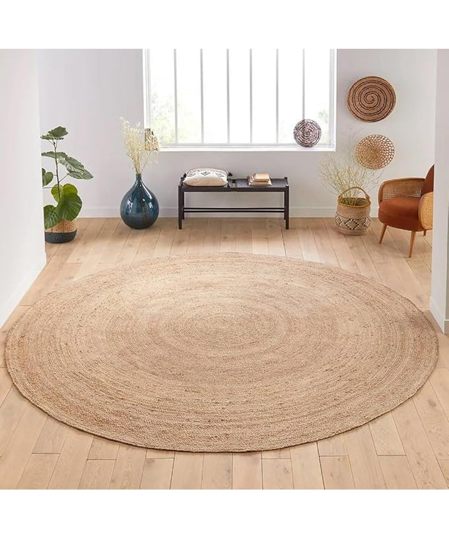 FRELISH DECOR Handwoven Jute Area Rug - 4 feet Round - Natural Yarn - Rustic Vintage Beige Braided Reversible Rug - Eco Friendly Rugs for Bedroom - Kitchen - Living Room - Farmhouse (4' Round)
