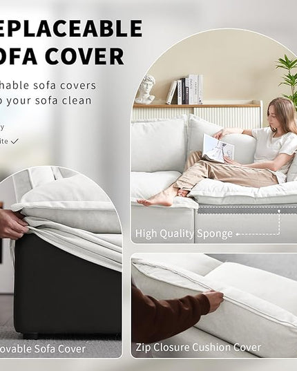 Cloud Modular Sectional Sofa Couch, 2 Seater with Ottoman Convertible Sectional Couch,Down Feather Fill Sofa, Completely Removable Cover, Corner Sofa for Living Room, Office,Cream White