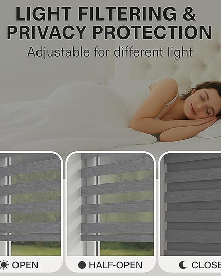 Shadesu Custom Size Zebra Blinds for Windows, 29" W x 72 H, Grey, Dual Layer Free-Stop Zebra Shades, Light Control for Day and Night, Sheer Blinds for Indoor Windows, Bedroom, Kitchen