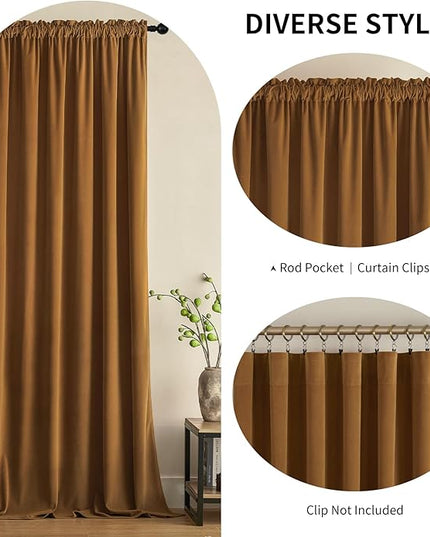 Joydeco Brown Velvet Curtains 102 inch Length 2 Panels, Luxury Blackout Rod Pocket Thermal Insulated Window Curtains, Super Soft Room Darkening Drapes for Living Dining Room Bedroom,W52 x L102 inches