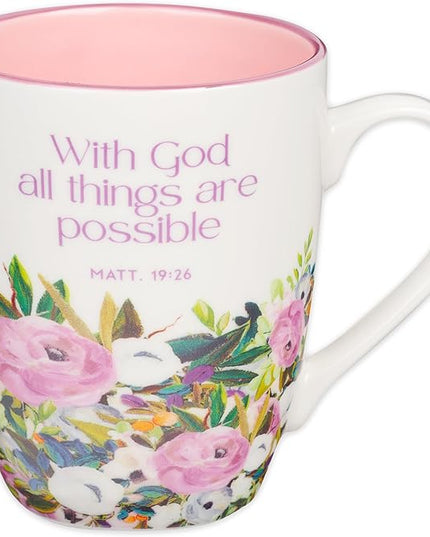 Christian Art Gifts Inspirational Ceramic Coffee & Tea Scripture Mug for Women: All Things are Possible Encouraging Bible Verse, Cute Microwave & Dishwasher Safe Drinkware, White & Pink Floral, 12 oz.