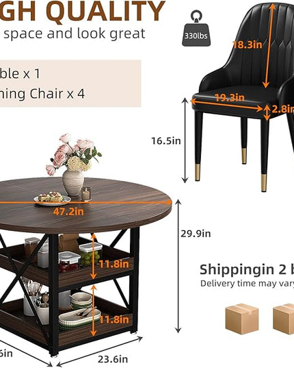 5-Piece Round Dining Table Set for 4 with Storage, Kitchen Table with 4 PU Leather Chairs, Space Saving for Breakfast Nook, Dinette, Dining Room (Walnut Dining Table-4 Black Chairs)