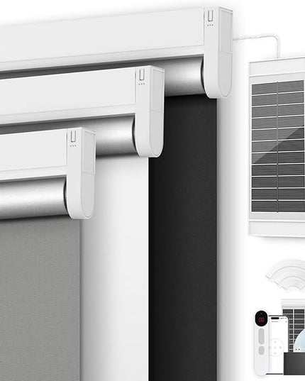 Motorized Blackout Smart Roller Blinds with Remote Control & Solar Panel - Automatic Electric Shades for Windows, Compatible with Alexa - White,31" W*72" H