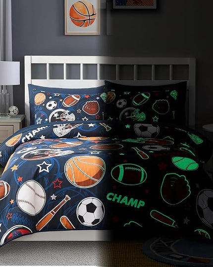 Full Size Comforter Set for Boys-7 Pieces Sports Ball Games Glow in The Dark Full Bedding Sets for Kids, Ultra Soft Bed in A Bag with Sheets