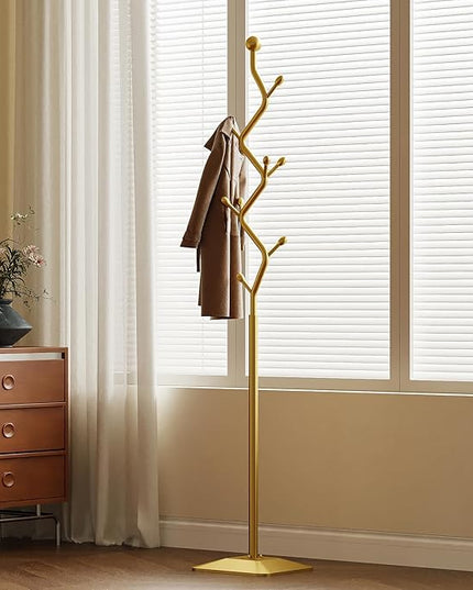 Gold coat rack,Coat Tree Freestanding heavy duty with 8 Hooks and Sturdy Metal Base for Coat Hats Purses,Tree-shaped Coat Stand for Entryway,Bedroom