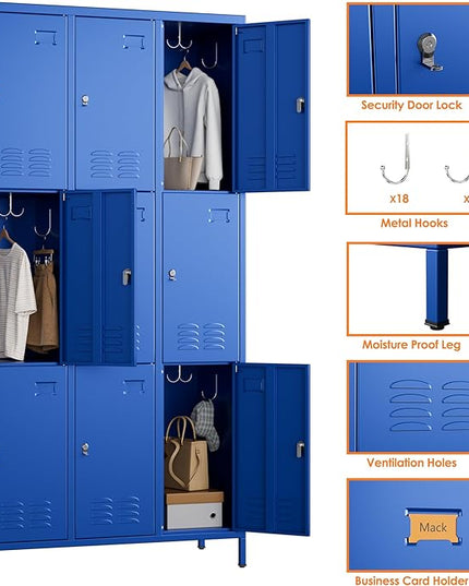 Aobabo New 9 Doors Metal Storage Locker for Employees, Lockable Steel Locker with Name Card Slot and 27 Hooks for School Office Gym Garage, Blue, Assembly Required
