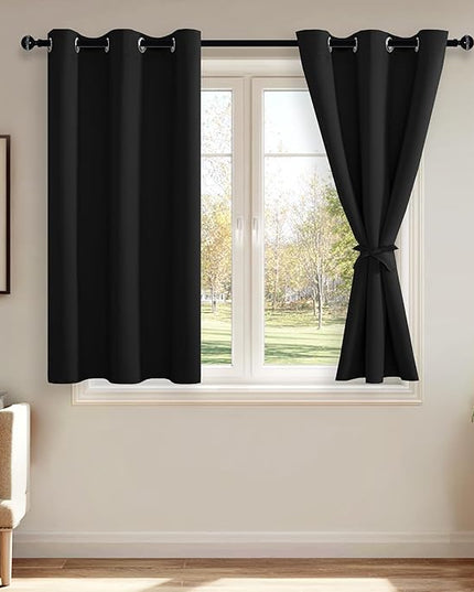 JIUZHEN Black Blackout Curtains with Tiebacks - Thermal Insulated, Light Blocking and Noise Reducing Grommet Curtain Drapes for Bedroom and Living Room, Set of 2 Panels, 42 x 54 Inch Length
