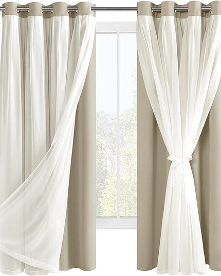 Hiasan Blackout Curtains with Sheer Overlay, Grommet Thermal Insulated Privacy Mix and Match Double Layer Window Curtains for Bedroom, Living Room, 2 Drape Panels Sewn with Tiebacks, Taupe, 52W X 63L