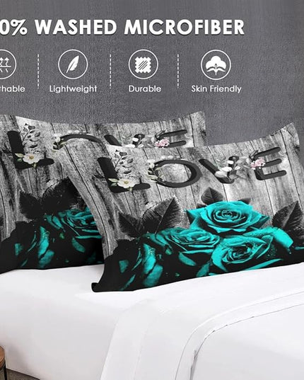 Full Size Comforter Set with 2 Pillowcases, Cyan Rose Flower Love 3 Pcs Bedding for Kids and Adults, Summer Vintage Woodboard Soft Comforter Set for Bedroom Bed Decor