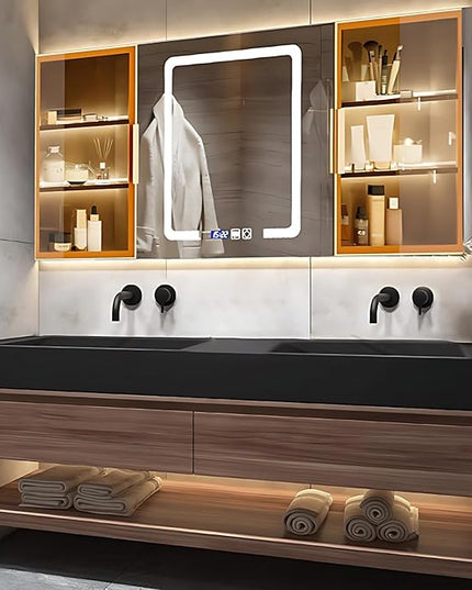 Modern Solid Wood Bathroom Vanity Set - Smart LED Fog Mirror, Floating Double Bath Sink Bathroom Cabinet, 2 Large Drawers & Open Shelves (Dark Brown, 60'')