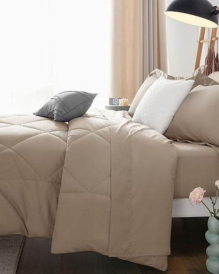 CozyLux Queen Comforter Set Khaki - Bed in a Bag Queen Size 7 Pieces, Luxury Soft Bed Set for All Seasons, Bedding Set with Down Alternative Comforter, Sheets, Pillowcases & Shams