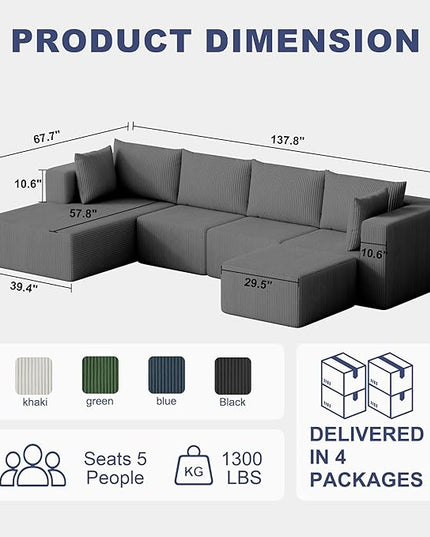 138" Boneless Couches for Living Room, Modular Cloud Couch Sofa - 5 Pieces U Shap Corduroy Sectional Sofa, Fluffy Memory Foam Sleeper Sofa Furniture, No Assembly, Wide Armrest, Grey