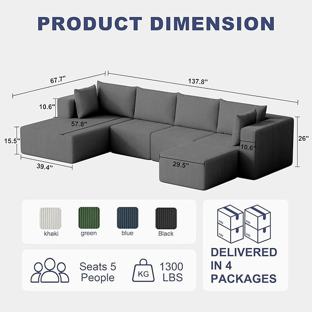 138" Boneless Couches for Living Room, Modular Cloud Couch Sofa - 5 Pieces U Shap Corduroy Sectional Sofa, Fluffy Memory Foam Sleeper Sofa Furniture, No Assembly, Wide Armrest, Grey