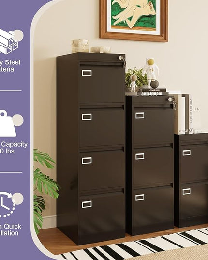 4 Drawer Metal File Cabinet with Lock, Black Lockable Filing Cabinets, Vertical Small File Cabinet with Key, Under Desk Filing Cabinets for Home Office
