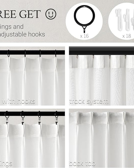 Topfinel 108 Inches Long Pinch Pleated Semi Sheer Curtains,White Linen Blended Light Filtering Window Curtains 108 Length for Living Room Bedroom Pinch Pleat Drapes with Hooks 1 Panels 60" Wx108 L