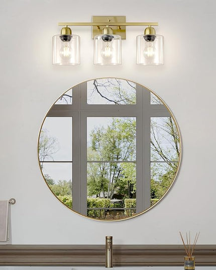 Modern Brushed Gold 3 Light Bathroom Light Fixtures, 19 inch Vanity Lights for Bathroom with Clear Glass, Bathroom Lighting Fixtures Over Mirror for Mirror Kitchen Living Room
