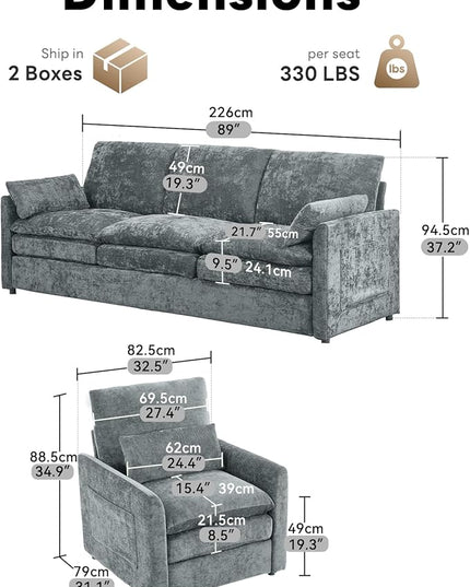 Tbfit Living Room Furniture Set, Standard Sofa & Accent Chair, Modern Comfy Cloud Sofa Set, Spring Seat Cushion, Chenille Fabric, Gray