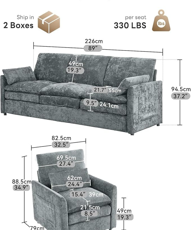 Tbfit Living Room Furniture Set, Standard Sofa & Accent Chair, Modern Comfy Cloud Sofa Set, Spring Seat Cushion, Chenille Fabric, Gray