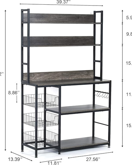 Large Baker Rack with Basket,5-Tier Kitchen Utility Storage Shelf with Hooks,Microwave Oven Stand with Storage,Suitable for Living Room, Dining Room,Coffee Bar(Grey)