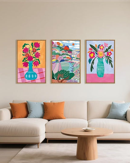 HOURIA Colorful Flower Field Landscape Framed Canvas Wall Art Set,Abstract Pink Floral Vase Wall Decor,Natural Botanical Tree Artwork,Modern Sunrise Art Prints for Living Room,Farmhouse-16 x24 x3