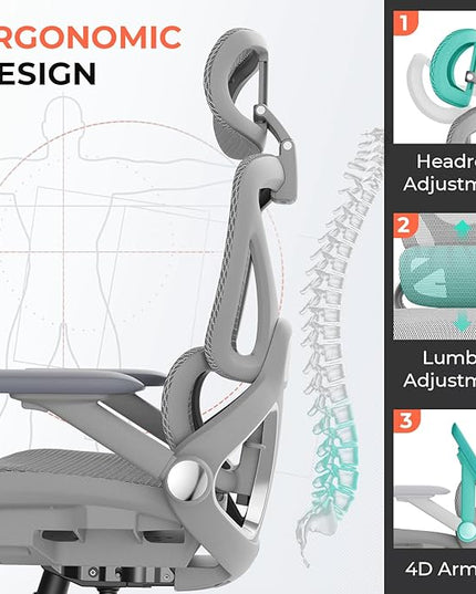 CAPOT Ergonomic Mesh Office Chair, Adjustable Lumbar High Back Desk Chair 400lbs, 4D Flip-up Arms, 3 Tilt Backrest, 3D Headrest, PU Wheels, Swivel Rolling Computer Seating for Long Desk Work - Grey