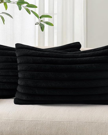 Pallene Faux Fur Plush Lumbar Throw Pillow Covers 12x20 Set of 2, Luxury Soft Fluffy Striped Decorative Pillow Covers for Sofa, Couch, Living Room, Black
